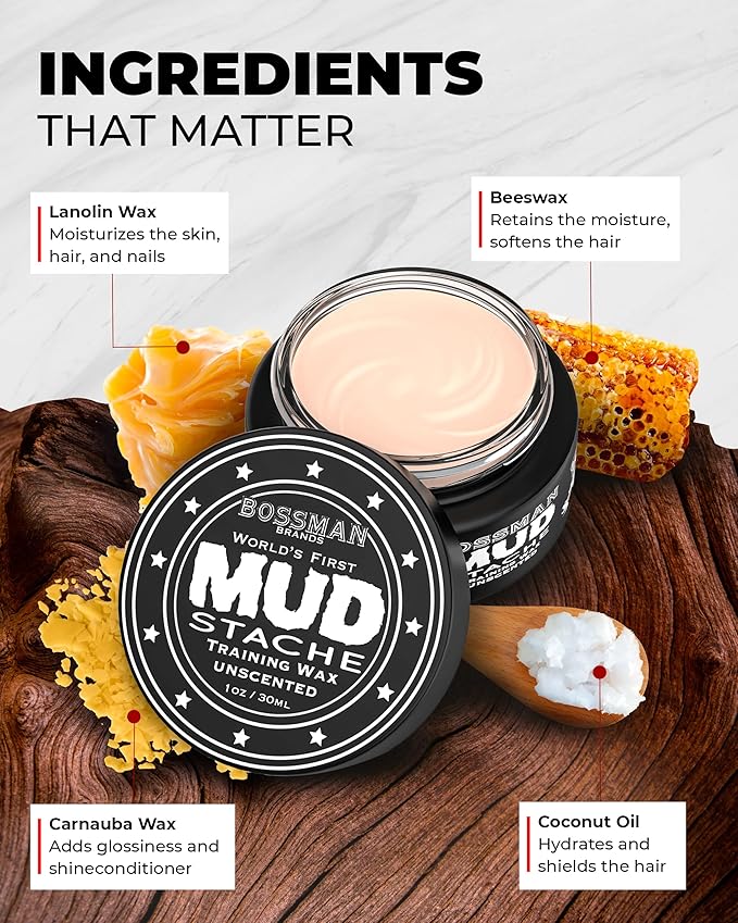 Bossman Sandalwood Comb + 2 Pack MUDstache Mustache Wax Bundle – Wide Tooth Comb for Beard with Strong 24-Hours Hold Taming &amp Styling Wax