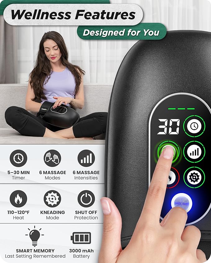 Lunix LX31 FSA Rolling Hand Massager Heat + Compression + Kneading Smart Memory Cordless Rechargeable Charcoal Black