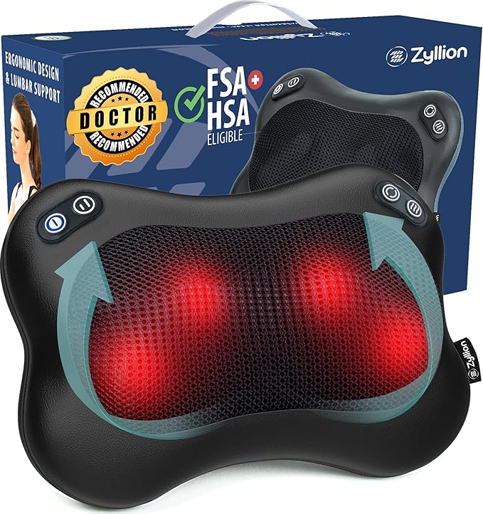 Zyllion Shiatsu Back and Neck Massager with Heat - Cordless Rechargeable 3D Electric Kneading Deep Tissue Massage Pillow with 2 Speeds for Muscle Pain Relief Black ZMA-34RB