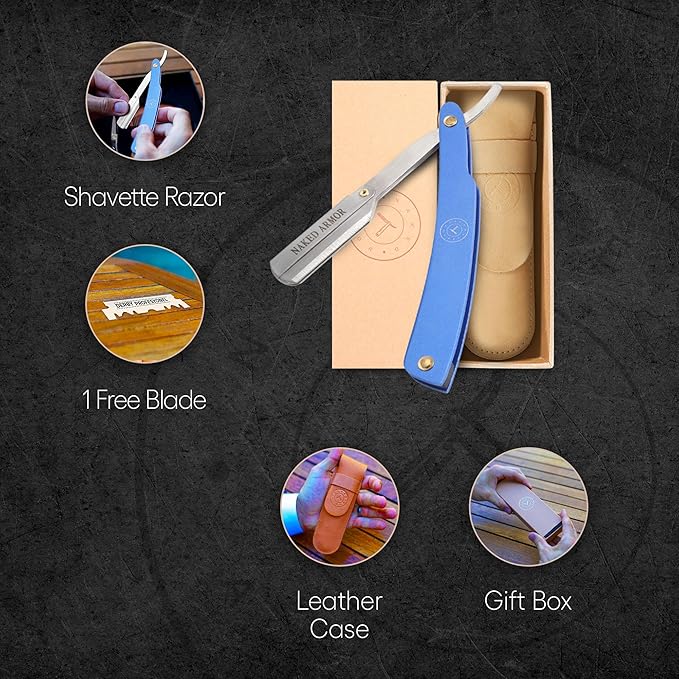 Best Shavette Straight Razor - Replaceable Blade Straight Razor Metal Handle Shavette No Stropping or Honing Needed Great For Beginners Starter Blade Hygienic Close Shave Leather Case (Blue)