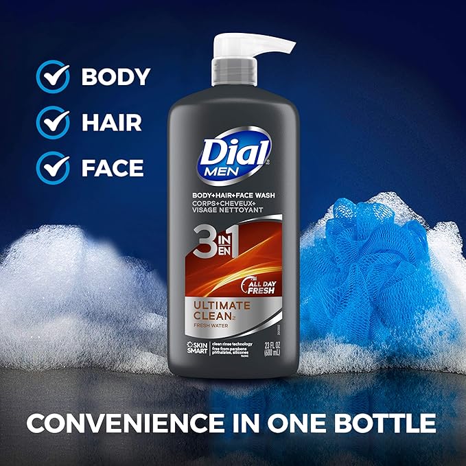 Dial Men 3in1 Body Hair and Face Wash Ultimate Clean 69 fl oz (3-23 fl oz Bottles) &amp Body Wash Refresh &amp Renew Spring Water 23 fl oz (Pack of 3)