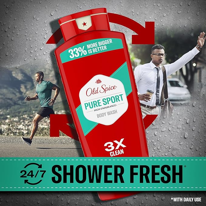 Old Spice Refreshing Body Wash for Men High Endurance 3X Defense 24/7 Shower Fresh with Long Lasting Scent Pure Sport Scent 24 oz (Pack of 4)