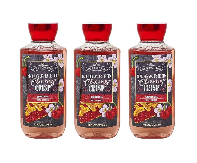 Bath &amp Body Works SUGARED CHERRY CRISP Shea + Vitamin E Shower Gel 3 Piece Bundle - 10 fl oz / 295 mL each
