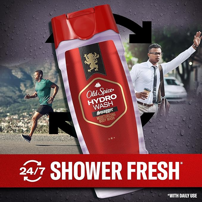 Old Spice Moisturizing Body Wash for Men Hydro Wash 2-in-1 Long Lasting Scent &amp Deep Hydration 24/7 Shower Fresh Smoother Swagger Scent 16 oz (Pack of 4)