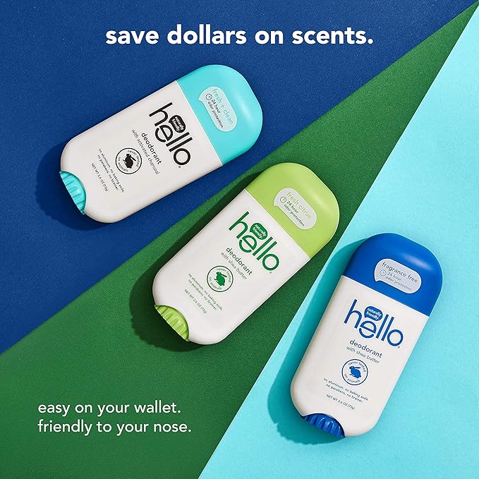 hello Deodorant With Shea Butter for Women + Men 24 Hour Odor Protection - Sweet Coconut Fresh Citrus and Clean + Fresh No Aluminum + No Baking Soda Vegan &amp Parabens Free 2.6oz 3 count