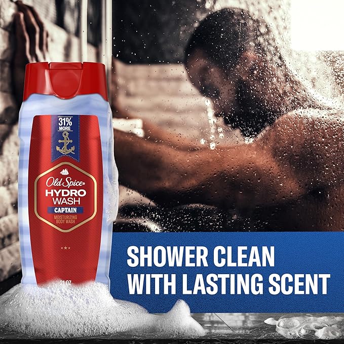 Old Spice Moisturizing Body Wash for Men Hydro Wash 2-in-1 Long Lasting Scent &amp Deep Hydration 24/7 Shower Fresh Captain Scent 21 oz (Pack of 4)