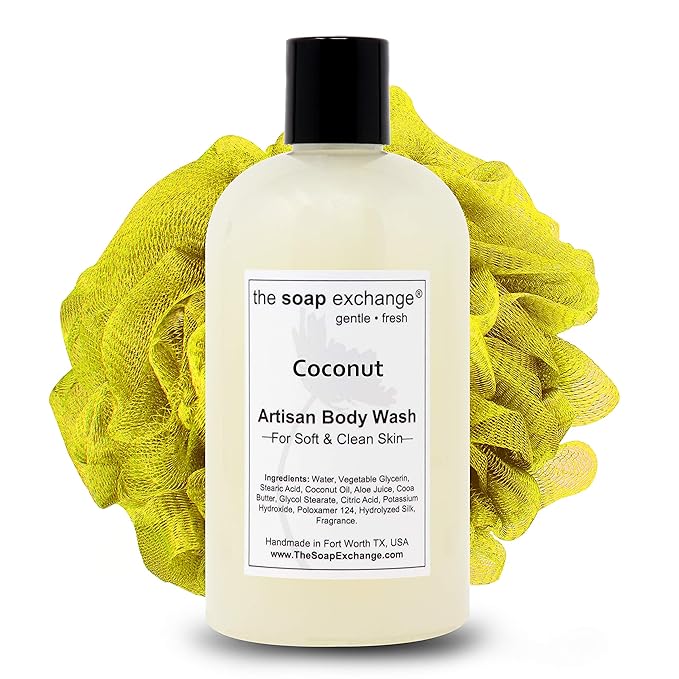 The Soap Exchange Body Wash - Coconut Scent - Hand Crafted 12 fl oz / 354 ml Natural Artisan Liquid Soap for Hand Face &amp Body Shower Gel Cleanse Moisturize &amp Protect. Made in the USA.