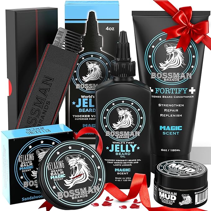 Bossman Complete Beard Kit – Men's Beard Oil Jelly Fortifying Shower Conditioner Balm Mustache Wax &amp Comb – Beard Softener &amp Grooming Care – Men Gift Set (Magic Scent)