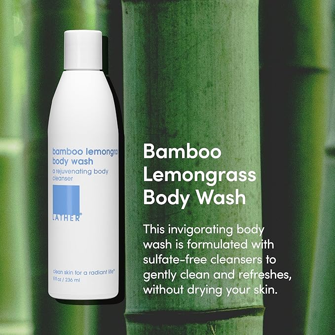 LATHER - Bamboo Lemongrass Natural Body Wash 8 fl oz - Shower Gel Cleanser - Body Soap - Essential Oils - Green Tea Aloe Vera Jasmine - All Skin Types Vegan Cruelty Free - Beauty &amp Skincare