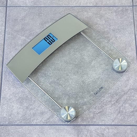 Taylor Digital Scales for Body Weight Extra High 440 LB Capacity Unique Blue LCD Stainless Steel Accents Glass Platform 12.4 x 12.4 Inches Clear