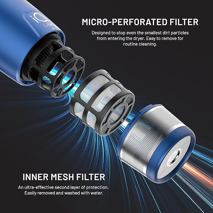GA.MA iQ LITE Perfetto Hair Dryer with 110000 RPM Intelligent Brushless Motor Dual Filter Oxy-Active Technology Blue