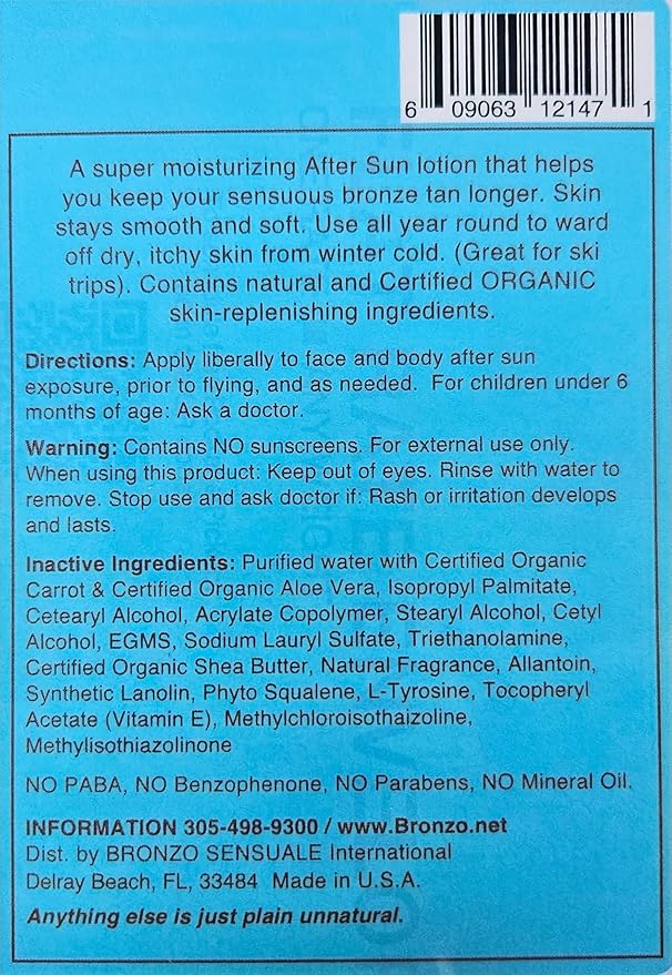 After-Sun Organic Carrot Lotion – Tan Extender by Bronzo Sensuale 8.5 Fl. Oz.