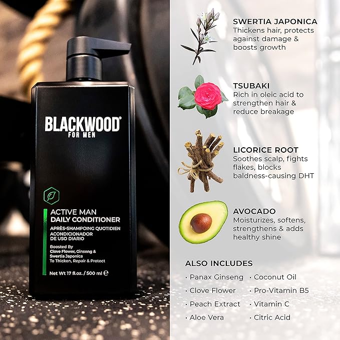 BLACKWOOD FOR MEN Active Man Daily Conditioner (17oz) and Pure Moisture Body Wash (17oz) Bundle - Natural Vegan Formula - Sulfate Free Paraben Free &amp Cruelty Free