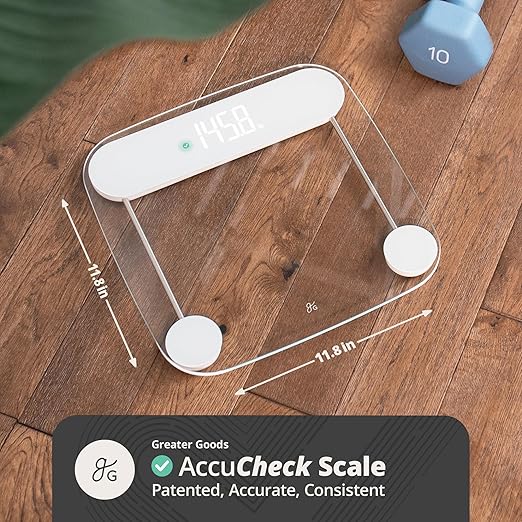 Greater Goods AccuCheck Digital Scale for Body Weight - Accurate Digital Bathroom Scale with High-Precision Sensors Large Easy-to-Read Backlit Display 400 lb Capacity Auto Step-On (Clear)
