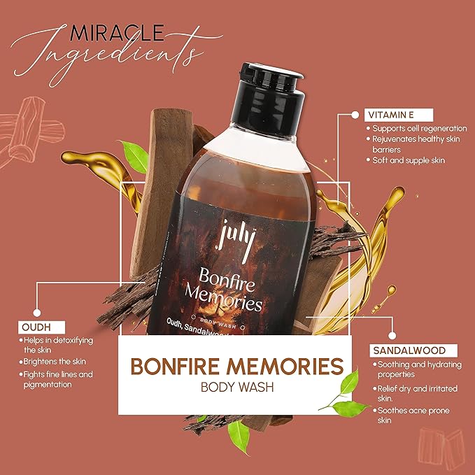 July Bonfire Memories Body Wash 300ml Oudh &amp Sandalwood Vitamin E with Moisturizer Long Lasting Fragrance Exfoliating Shower Gel Nourishing Body Wash for Women &amp Men