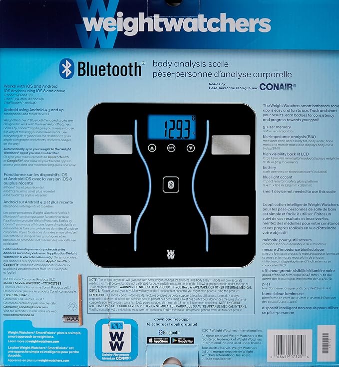 Weight Watchers Scales by Conair Bathroom Scale for Weight Glass Digital Scale Bluetooth Scale BMI Scales Digital Weight and Body Fat for up to 9 Users Measures Weight up to 400 Lbs Black