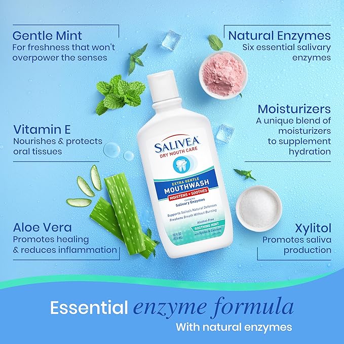 SALIVEA Dry Mouth Mouthwash - Soothing Mint Mouthwash with Natural Salivary Enzymes - Breath Freshener &amp Dry Mouth Care - Mint Flavor (2 Pack)