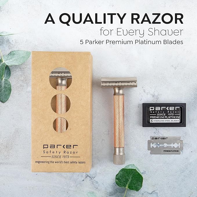 Parker THE VARIANT CLOSED COMB - ADJUSTABLE Double Edge Safety Razor Customize your Shave with a Turn of the Dial from Mild to Aggressive - 5 Blades Included (ROSE GOLD)