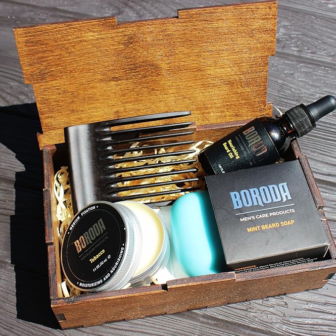 Personalized Wooden Beard Gift Set – Custom Engraved Beard Comb Oil Balm &amp Soap in Personalized Box. Premium Grooming Kit for Men – Perfect Gift for Fathers Husbands &amp Bearded Friends (BONE