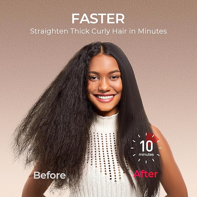 TYMO Hair Straightener Brush - Upgraded Ionic Plus Straightening Brush with Dense Bristles 16 Temps Dual Voltage | Ceramic Hot Comb for Women | Flat Iron for Thick Curly Hair Gold