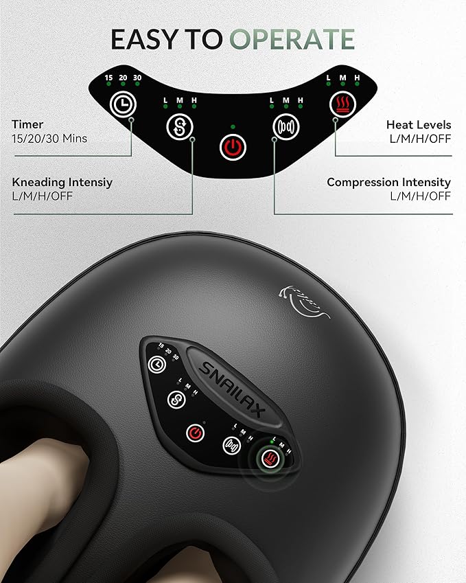 Snailax Shiatsu Foot Massager with Heat Deep Kneading Rolling Compression Feet Massager for Plantar Fasciitis Neuropathy 3 Heating Levels3 Timer Option Fits Size up to 14“ Gifts for MenWomen