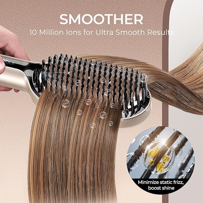 TYMO Hair Straightener Brush - Upgraded Ionic Plus Straightening Brush with Dense Bristles 16 Temps Dual Voltage | Ceramic Hot Comb for Women | Flat Iron for Thick Curly Hair Gold