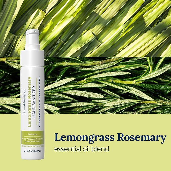 Lemongrass Rosemary Lotion Hand Sanitizer | Travel Size | Cleanse &amp Moisturize | Made with Aloe Vera &amp Essential Oils | Rich in Vitamin E | Lemongrass Essential Oil | Green Tea Extract | 6-Pac
