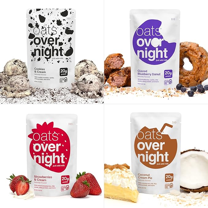 Oats Overnight Party Variety Pack - High Protein High Fiber Breakfast Protein Shake - Gluten Free Oatmeal Non GMO Oatmeal - Cookies &amp Cream Coconut Cream Pie &amp More Flavors (8 Pack)