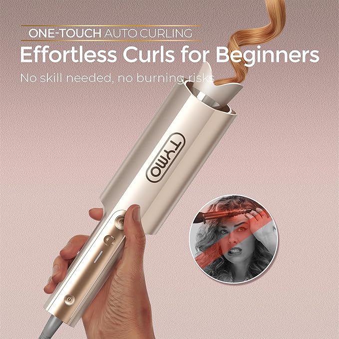 TYMO CurlPro Plus Automatic Rotating Curling Iron - Upgraded Long Barrel Curling Wand for Long Hair Ceramic Hair Curler for Women Anti-Scald Tangle-Free 600M Ionic Dual Voltage Gold 1 1/2 Inch