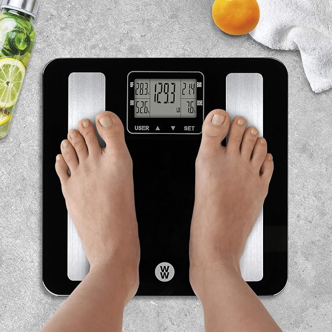 Weight Watchers Scales by Conair BathroomScale for Body WeightGlass Digital Scale with Body Analysis Measures Body Fat Body WaterBMI &amp Bone Mass for 4 Users Measures Weight up to 400 Lbs.in B
