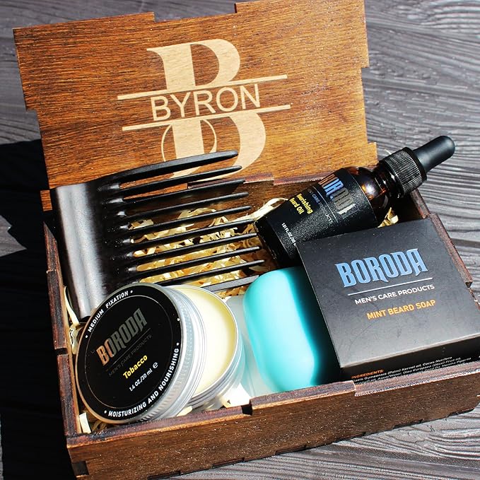 Personalized Wooden Beard Gift Set – Custom Engraved Beard Comb Oil Balm &amp Soap in Personalized Box. Premium Grooming Kit for Men – Perfect Gift for Fathers Husbands &amp Bearded Friends (BONE