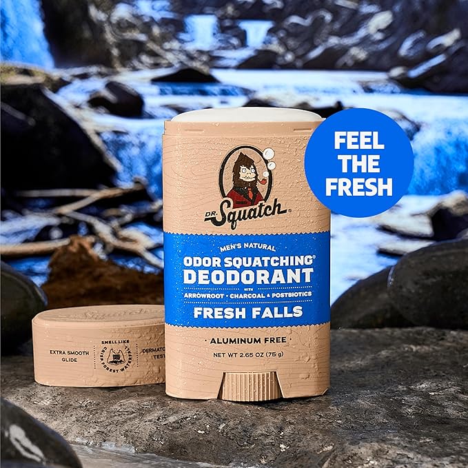 Dr. Squatch Natural Men’s Deodorant – Aluminum Free Natural Deodorant Men with Charcoal &amp Postbiotics for 72-Hour Odor Protection – Fresh Falls 2.65oz Stick (3-Pack)