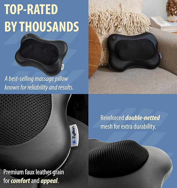 Zyllion Shiatsu Back and Neck Massager with Heat - 3D Electric Kneading Deep Tissue Massage Pillow for Muscle Pain Relief Black ZMA-13