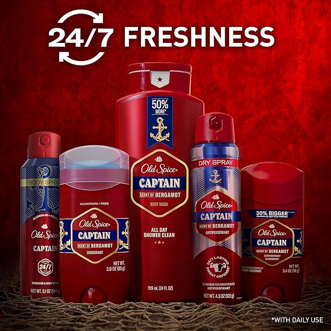 Old Spice Aluminum Free Body Spray for Men 24/7 Signature Scent &amp Lasting Freshness All-Day Odor Protection Easy Application Captain with Bergamot Sea Air &amp Driftwood Scent 5.1 oz (Pack