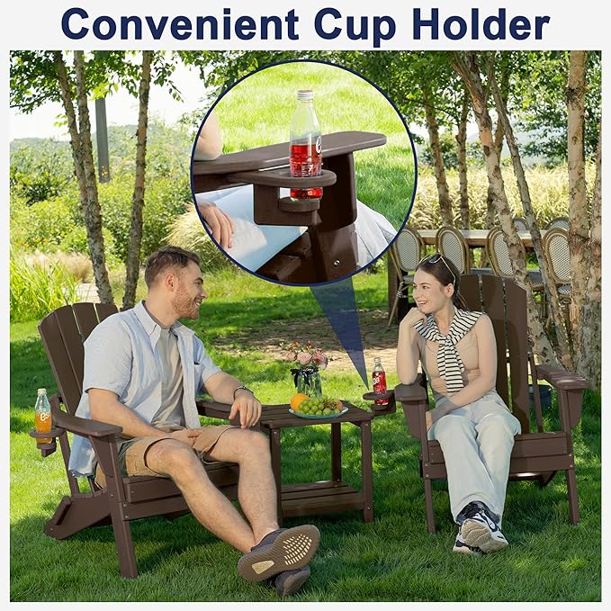 Plawdlik Folding Adirondack Chair SGS Tested Wooden Textured with Cup Holder Heavy All-Weather HDPE Comfortable Set Poolside Backyard Lawn Coffee