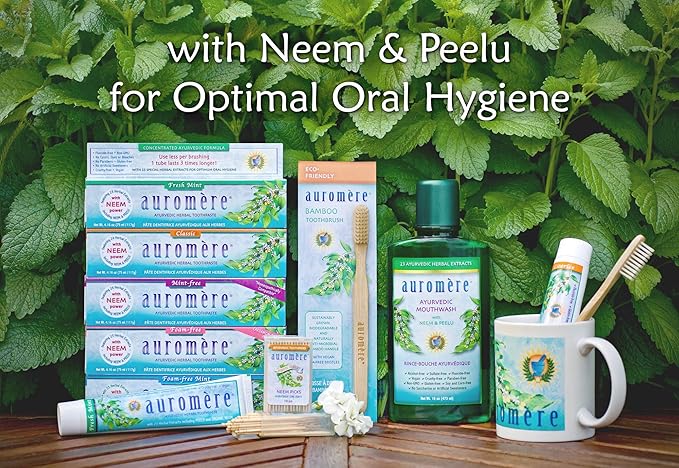 Auromere Ayurvedic Natural Mouthwash for Adults &amp Kids - Alcohol Free Mouthwash for Bad Breath Fluoride Free Neem Oral Rinse Support for Teeth Gums &amp Fresh Breath Vegan Non-GMO- 16 Fl Oz