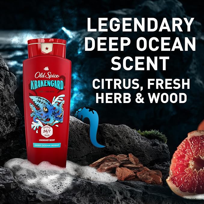 Old Spice Cleansing Body Wash for Men 3X Defense 24/7 Shower Fresh with Lasting Scent 2-in-1 Body &amp Face Wash Krakengard with Deep Ocean Scent 24 oz (Pack of 4)