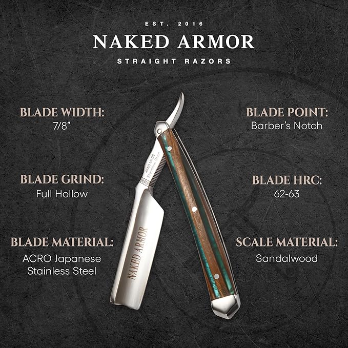 Naked Armor Safir Straight Razor for Men — Shave Ready 7/8 Barber's Notch Japanese Stainless Steel Straight Edge Razor Sandalwood Scale Beard Shaping Leather Case &amp Gift Box Included