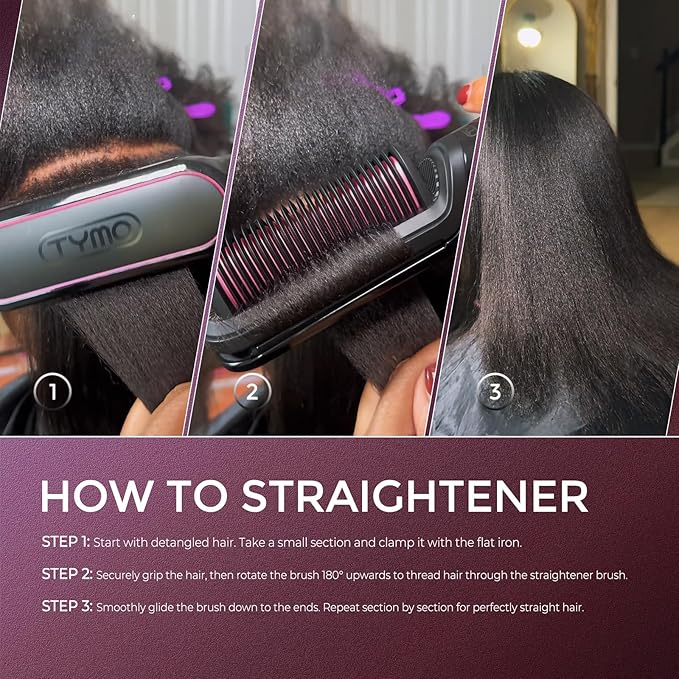 TYMO Flat Iron Hair Straightener Brush 2 in 1 200M Ions Hair Straighteners for Women Ceramic Dual Voltage Straightening Hot Comb for Anti-Frizz Straights Waves Curl 3X Less Heat Damage Black