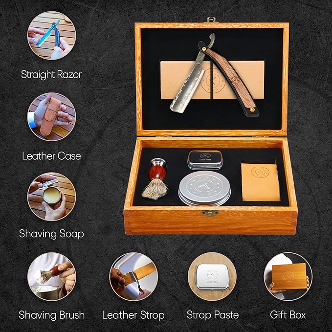 Naked Armor Damascus Straight Razor Kit - Straight Razor Shaving Kit for Men with Carbon Steel 7/8 Blade Leather Strop Organic Shave Soap Synthetic Shaving Brush Strop Paste Leather Case Gift