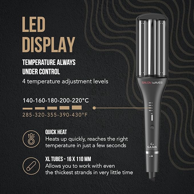 GA.MA Salon Waves LED Curling Iron Adjustable 4‑Size Titanium Wave Barrels (0.67–0.98″) LED Display Auto‑Off Dual Voltage