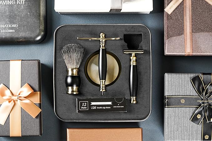 FREED Bronze Series Custom Laser-Engraved Double-Edged Safety Razor Aluminum Alloy Material Includes 120 Bladesit's the best gift for menfathers or birthdays (Bronze Black)