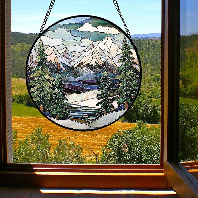 Stained Glass Window Hanging Green Trees Abstract Snow Mountain Suncatcher for Doors Window Home Landscape Sun Catchers Decor Mother's Day Birthday Gifts for Women Men Mom 9.8 in