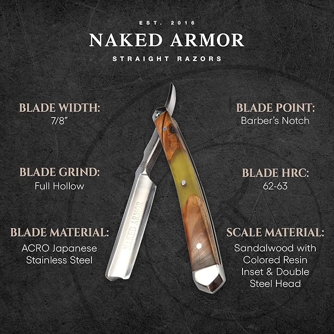 Naked Armor Professional Straight Razor for Men - Shave Ready 7/8 Japanese Stainless Steel Barber Razor - Griflet Straight Edge Razor with Sandalwood Handle Leather Travel Case &amp Gift Box