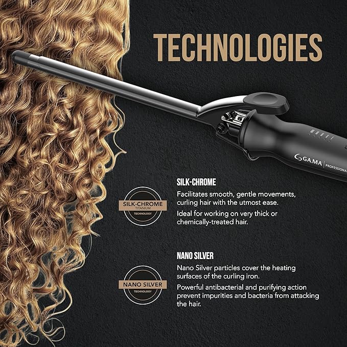 GA.MA Salon Curl Silk Chrome Titanium Curling Iron for Tight Curls 0.35 Inch Barrel Quick Adjustable Heat Anti-Frizz Dual Voltage Auto Shut-Off.