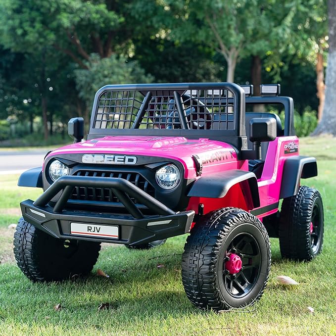 12V 7AH 4WD Kids Ride-On Truck Electric Off-Road Car with Remote &amp Pedal Control LED Lights Music USB Safety Belt 4-Wheel Suspension Adjustable Speeds Outdoor Gift for Boys Girls Magenta