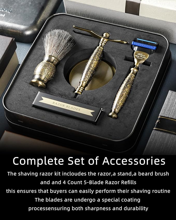 FREED Customized gifts Engraving Luxury Men's 5-Blade Razor set Aluminum Alloy Material incloud 4 Bladesrazor standrazor brushIt's the best gift for men (Bronze)