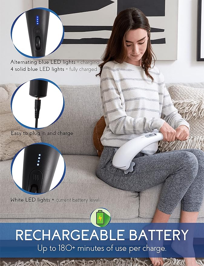 Zyllion Handheld Back and Neck Massager - Cordless Rechargeable Electric Vibrating Deep Tissue Massage with Heat for Athletes Recovery and Muscle Pain Relief - White (ZMA-27-WT)