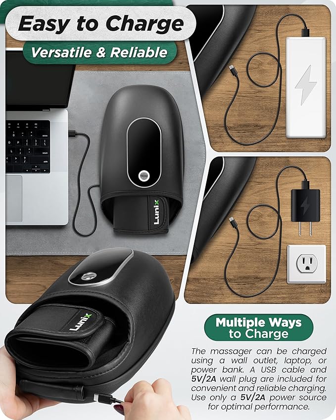 Lunix LX31 FSA Rolling Hand Massager Heat + Compression + Kneading Smart Memory Cordless Rechargeable Charcoal Black