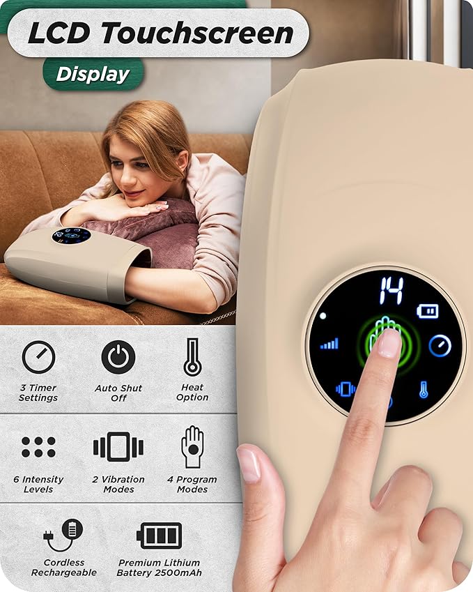 Lunix LX7 FSA Carpal Tunnel &amp Wrist Pain Relief Device Heated Air Compression Hand Massager for Arthritis Mothers Day Gifts for Women &amp Mom Touchscreen Sand Beige